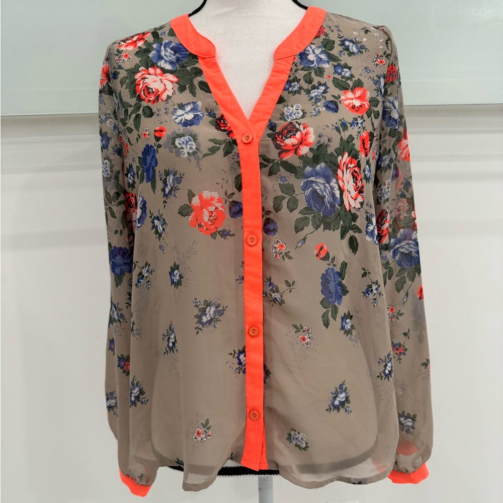 Poema Women’s Floral Blouse Gray with Orange & Blue Flowers | M | Elegant